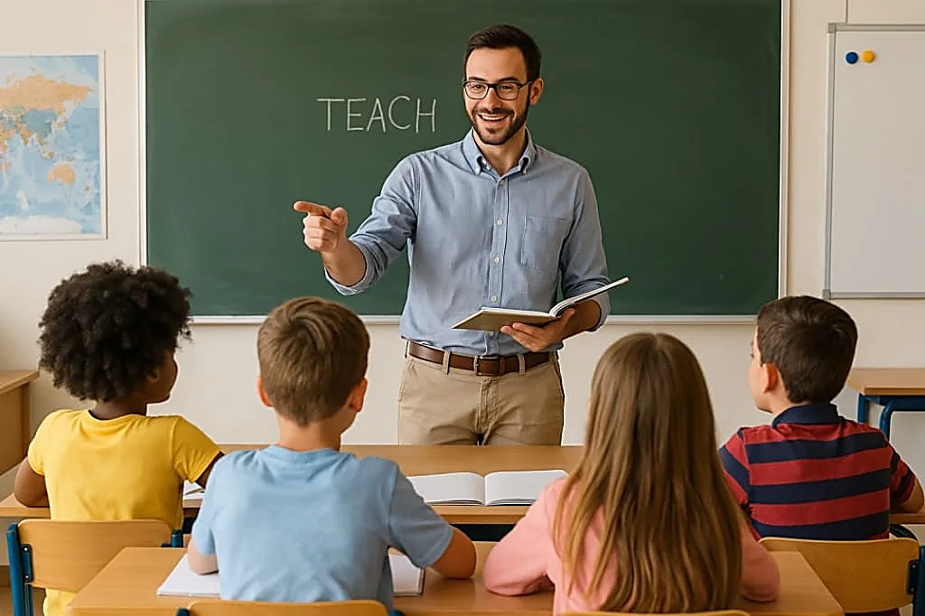 Docente che tiene lezione davanti a un gruppo di bambini